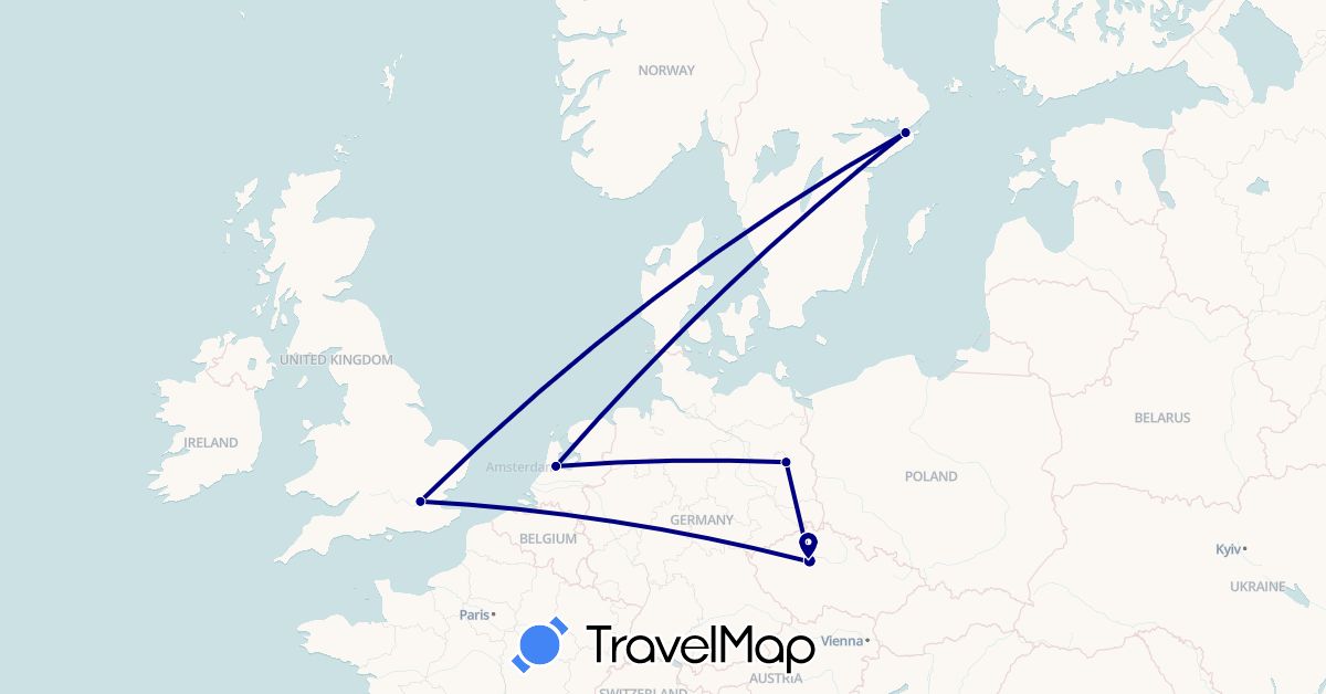 TravelMap itinerary: driving in Czech Republic, Germany, United Kingdom, Netherlands, Sweden (Europe)